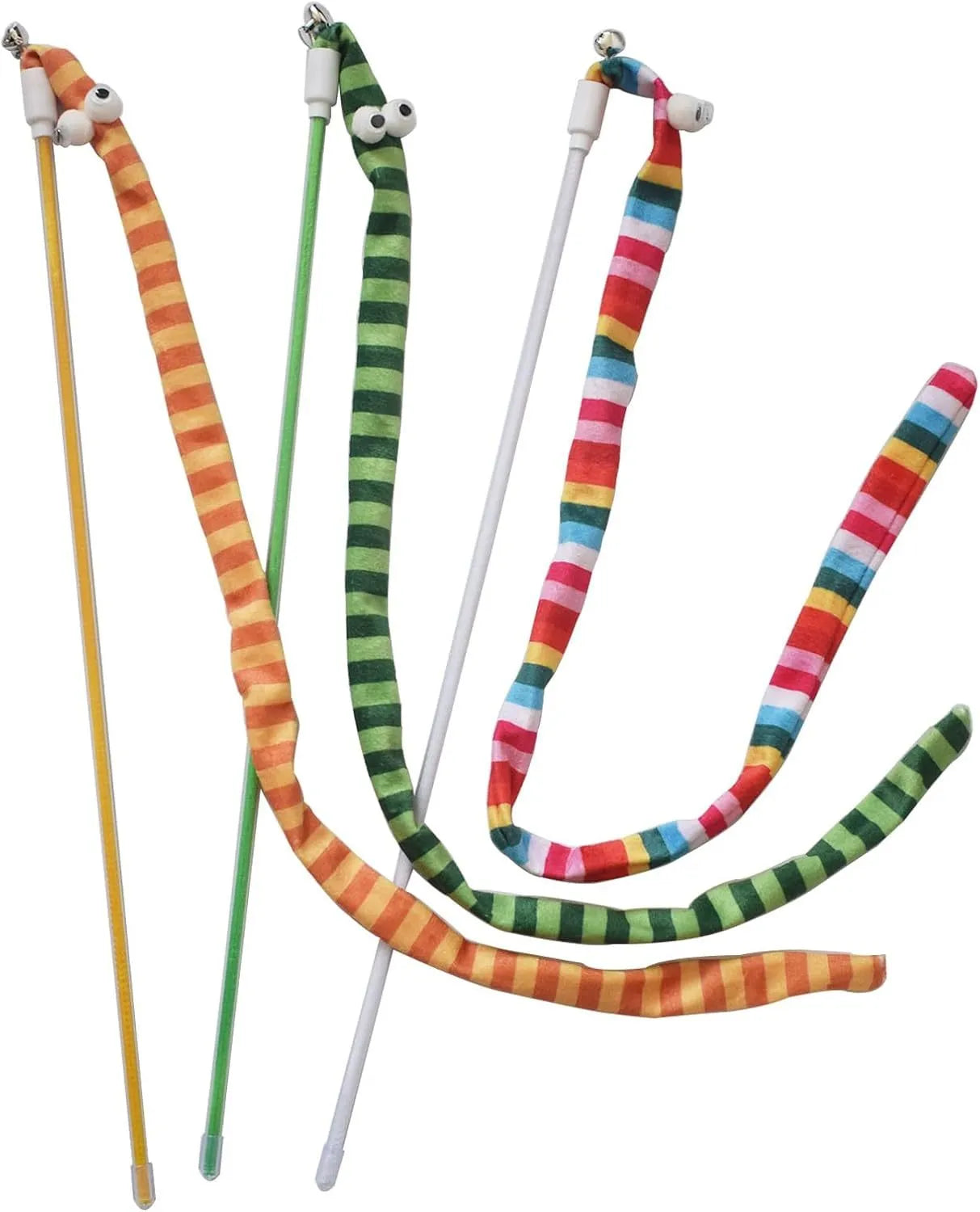 Cat wand teaser toy with colourful plush strip and bell on a polycarbonate pole.