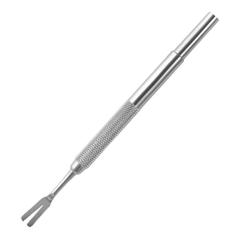 Silver stainless steel tick removal tweezers for pets on a plain background.