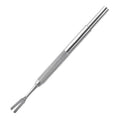 Silver stainless steel tick removal tweezers for pets on a plain background.