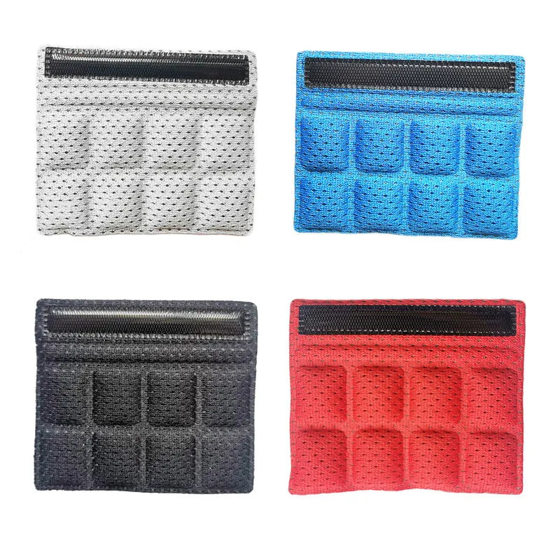 Cycling helmet breathable sponge liner with velcro chin strap in blue, black, red, and grey colours.