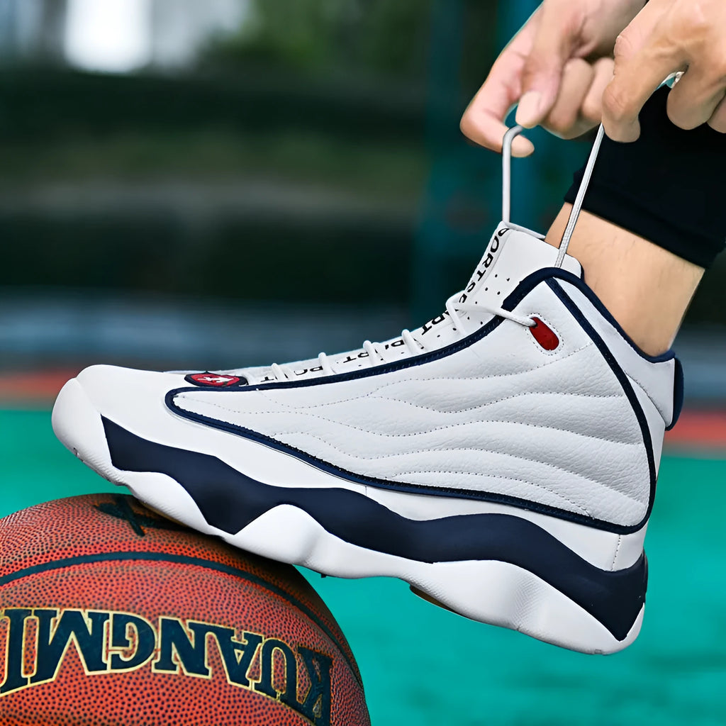 Men's high-top basketball shoe in AJ13 colour with mesh upper and thick rubber sole.