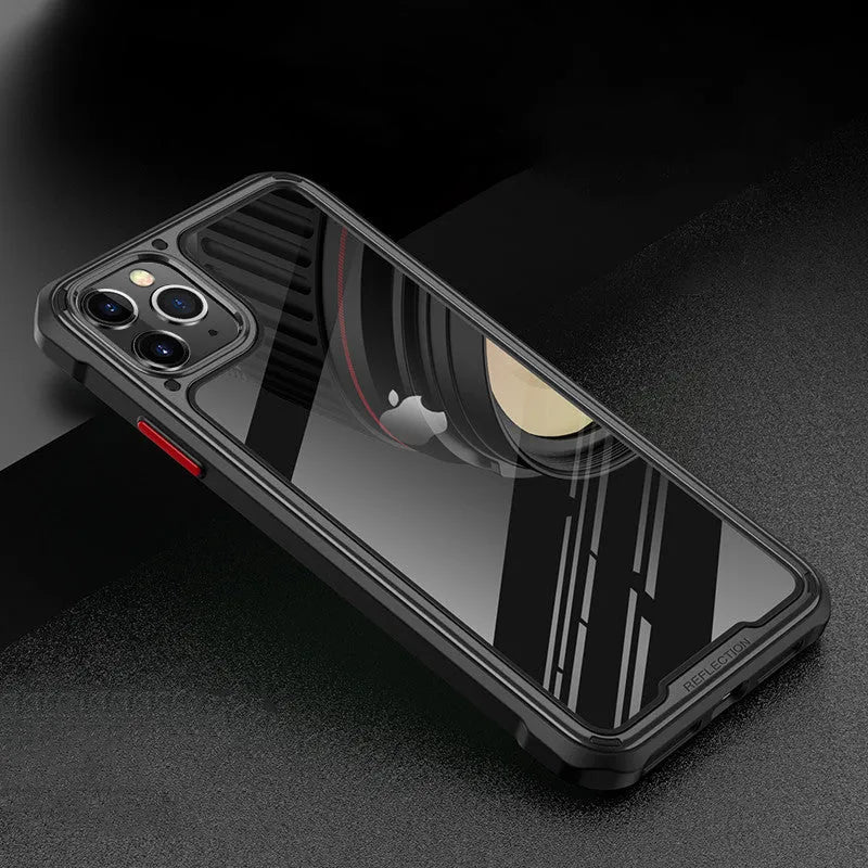 Transparent silicone phone case for iPhone 11 in various colours on a table.