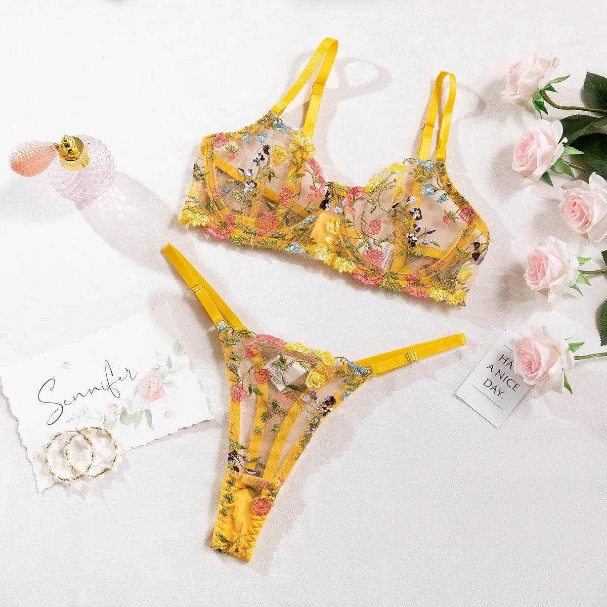 Women's floral mesh bra with steel ring T-back in multiple colours