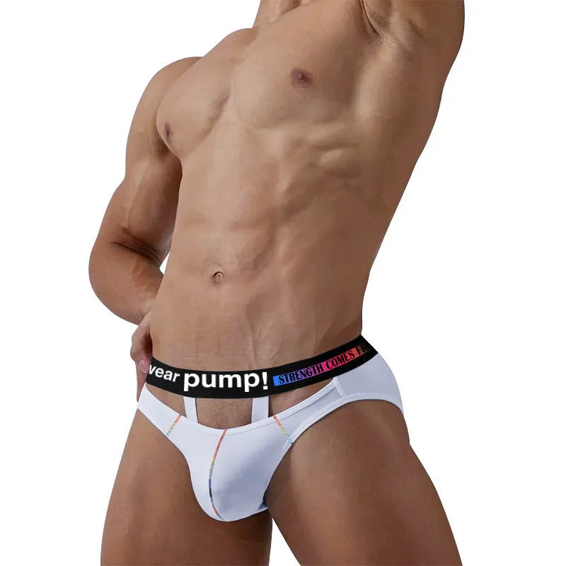A pair of solid black men's low-rise modal briefs laid flat on a white background.