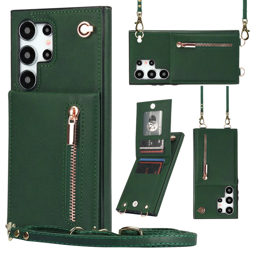 Leather Samsung phone case with crossbody strap and zippered card slot in various colours.