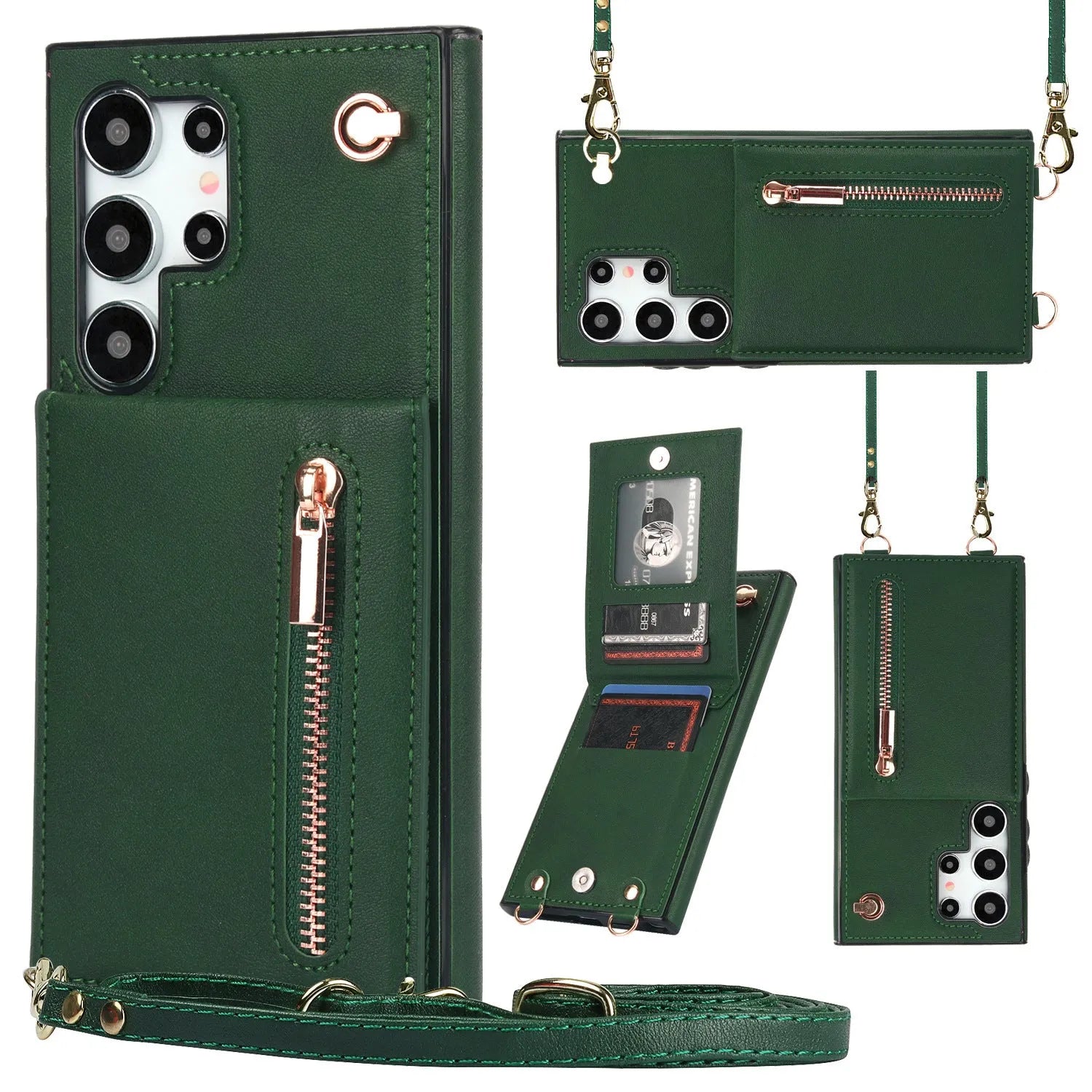 Leather Samsung phone case with crossbody strap and zippered card slot in various colours.