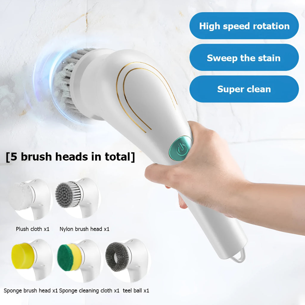White cordless electric handheld scrubber with five cleaning brush heads on USB charging cable