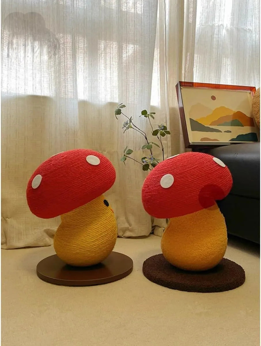 Foldable mushroom-shaped cardboard cat scratcher board on a carpet next to a sofa.