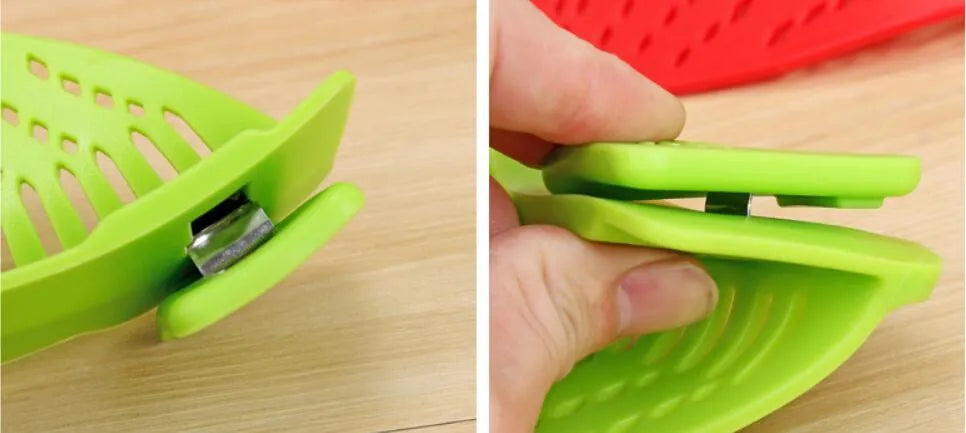 Silicone clip-on kitchen strainer with stainless steel frame attached to pot rim for draining liquids