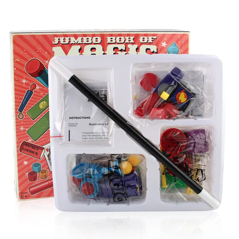 Purple and red plastic magic toy props for children aged 3-7 in a carton.