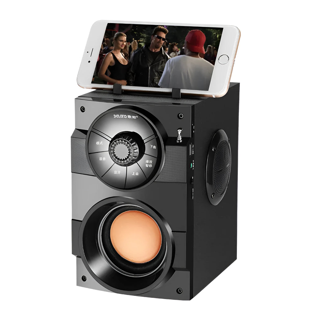 Black portable audio system with subwoofer and 3.5mm audio cable for connecting to phones and laptops
