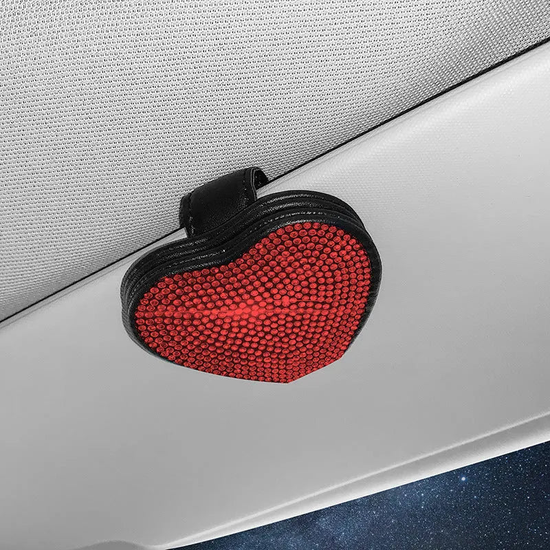 Diamond-encrusted PU leather car sun visor clip with magnetic closure for glasses and ticket storage