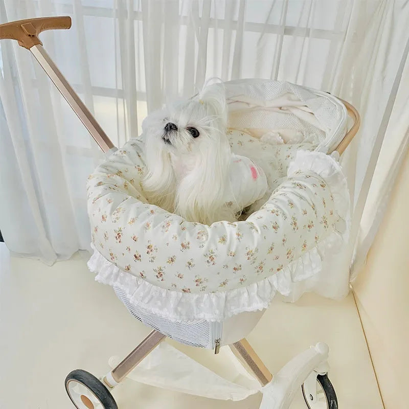 Pure cotton pet stroller three-piece set with towel, cushion and pillow in floral pattern