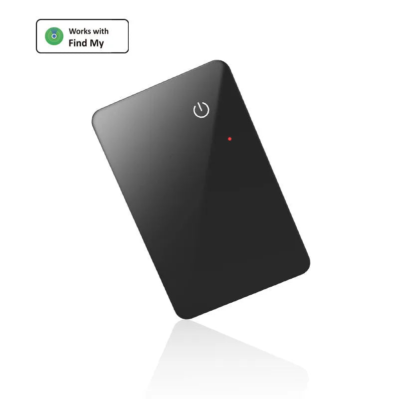 Black pet tracking device with wireless charging and NFC features measuring 85mm by 54mm