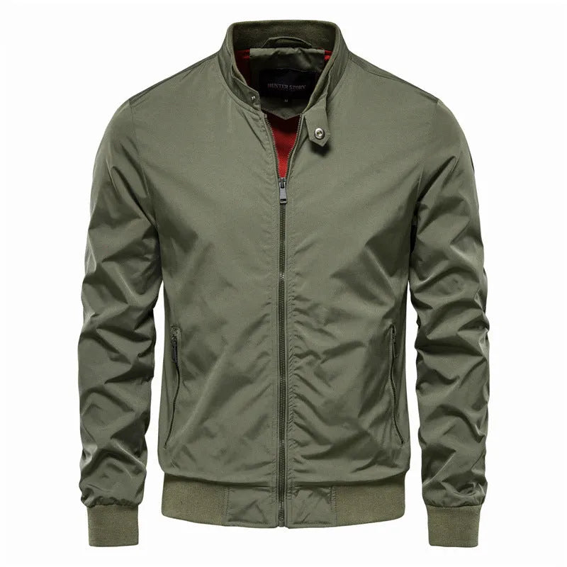 Men's thin casual zip-up jacket in Army Green, shown on a hanger.