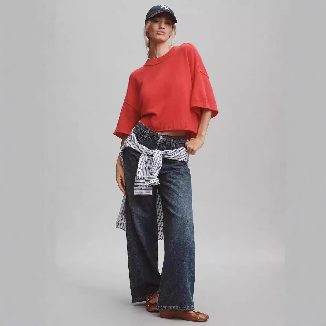 Red solid colour hot girl style T-shirt with an exposed navel crop top design on a mannequin.