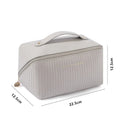 Vertical stripe pattern cubic makeup bag in PU material measuring 22.5cm wide