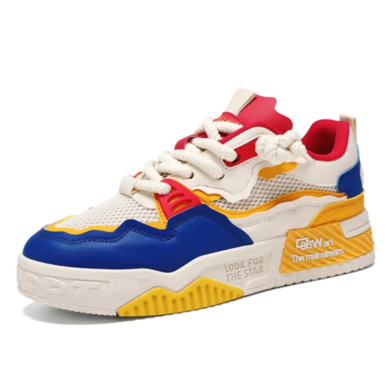Men's low-top white and beige board shoes with a soft rubber sole and mesh lining.