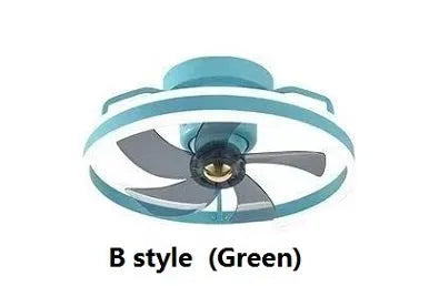 Modern ceiling fan with integrated light showing 500mm diameter design with PC blades and acrylic shade