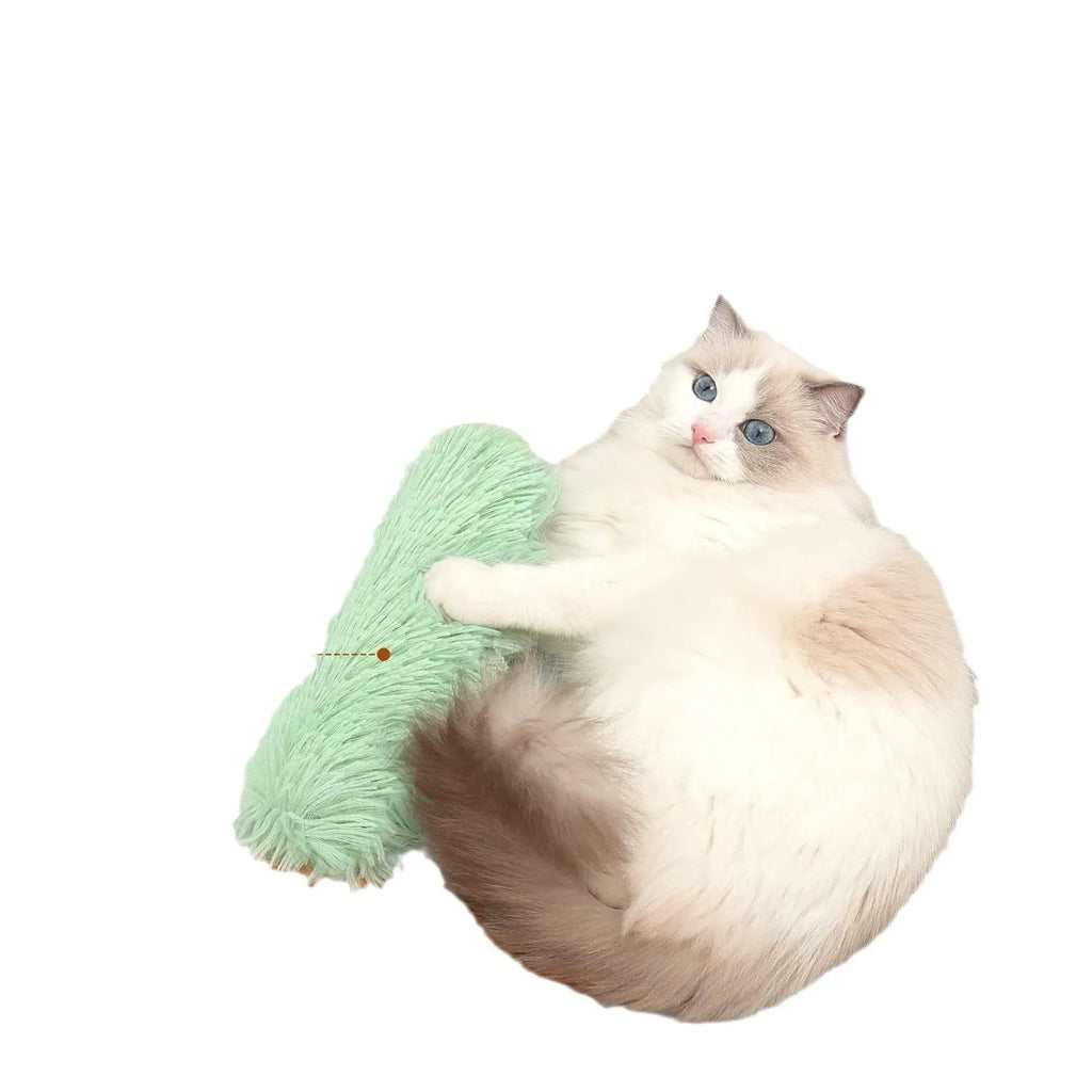 Green plush cat chew toy pillow stick with dimensions 27cm by 10cm