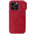 Imitation leather flip phone case for iPhone showing black, brown, and red colour options