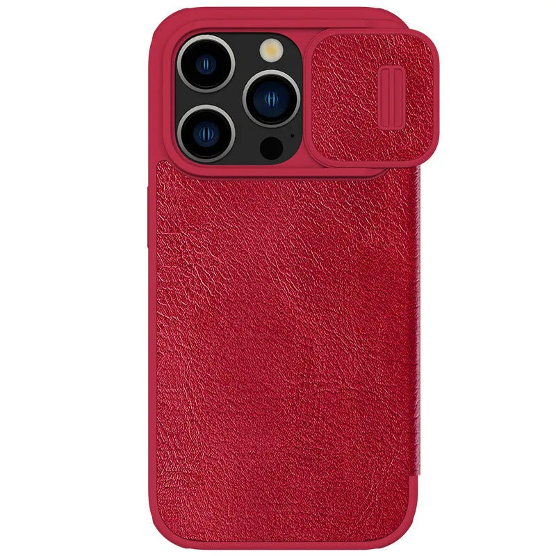 Imitation leather flip phone case for iPhone showing black, brown, and red colour options