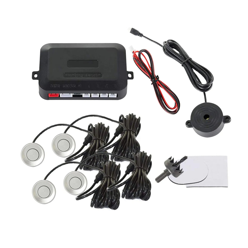 Four ultrasonic parking sensors and buzzer unit for car reversing radar kit with hole saw.