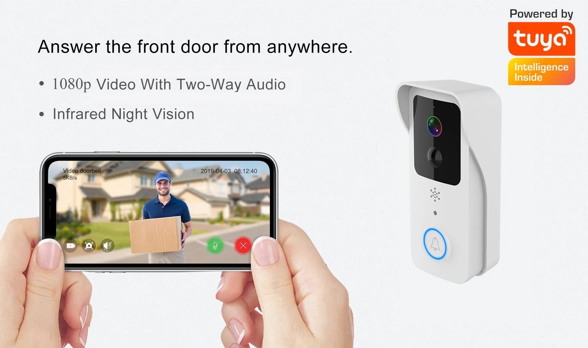 Black or white waterproof smart visual doorbell unit for outdoor security.