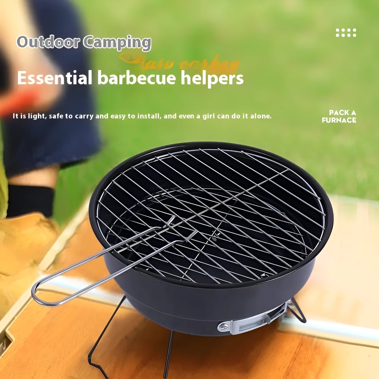 Small folding round outdoor ice stove grill set with mesh, leg, and storage bag