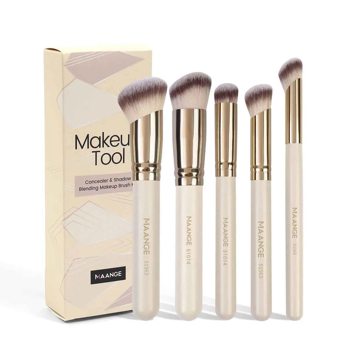 MAANGE set of five apricot-coloured makeup brushes with an angled blush brush on a grey background.