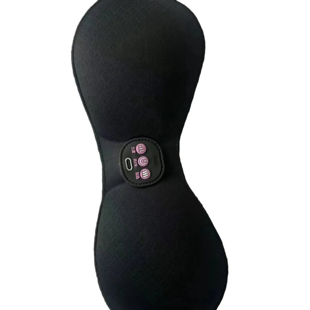 Black adhesive electric chest massage pads with three-key English control unit for hands-free vibration massage.