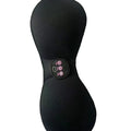Black adhesive electric chest massage pads with three-key English control unit for hands-free vibration massage.