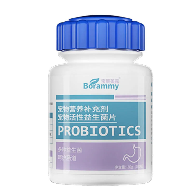 Bottle of Pet Active Probiotic Tablets containing 180 chewable tablets for pet health.