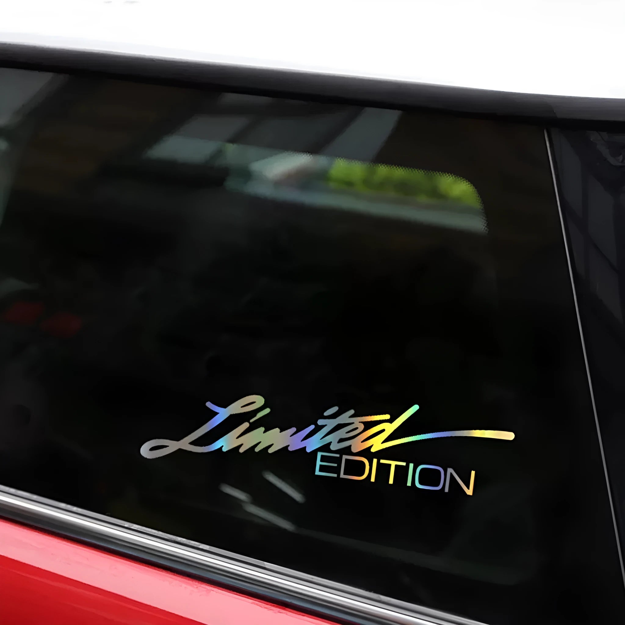 Black laser reflective car sticker with text design measuring 50x200mm for vehicle visibility enhancement