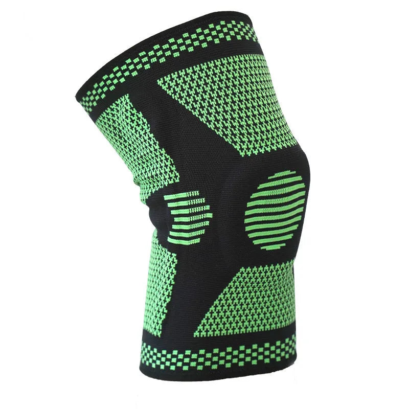 Blue silicone spring knee pad for sports, showing polyamide material and protective design.