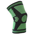 Blue silicone spring knee pad for sports, showing polyamide material and protective design.