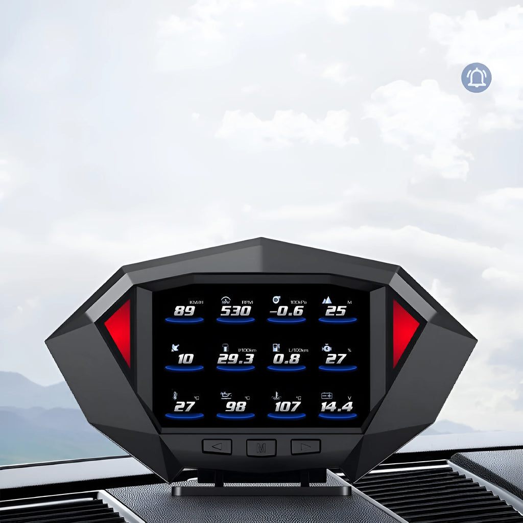 P1 black vehicle HUD display unit with OBD cable on car dashboard
