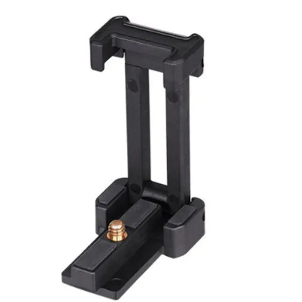 Black desktop tripod stand holding an iPhone X mobile phone.