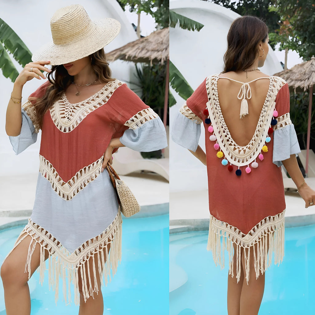 Orange floral beach overskirt and top set with hand crochet stitching details and tassel accents