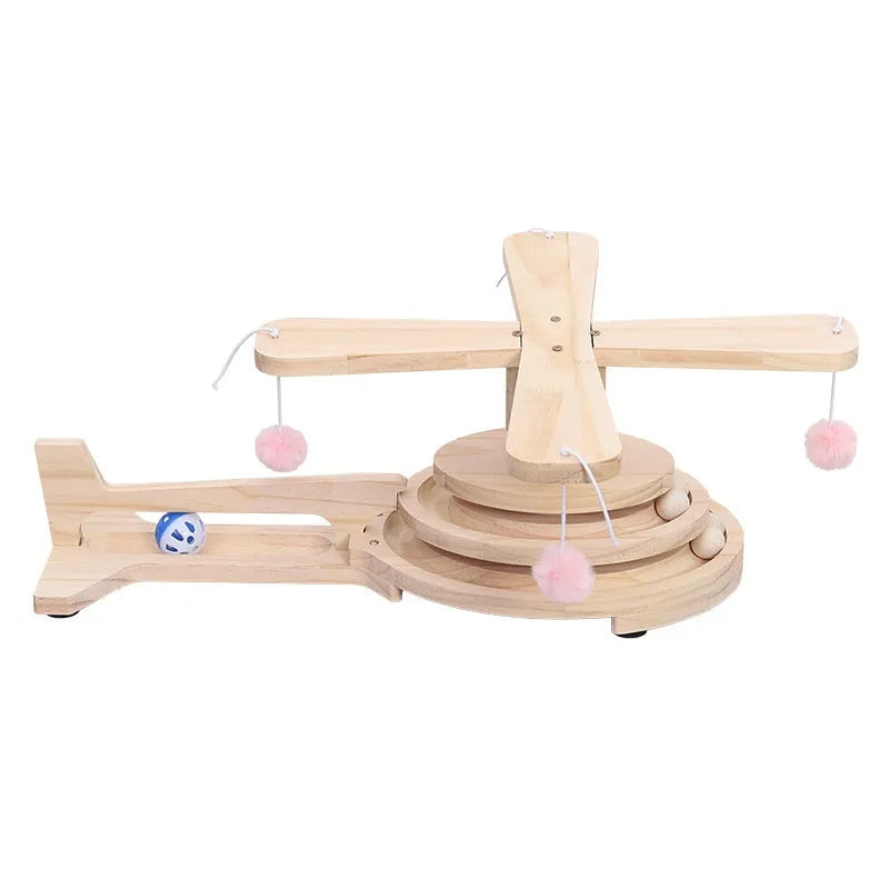 Solid wood cat scratch turntable toy in animal shapes including helicopter and panda designs