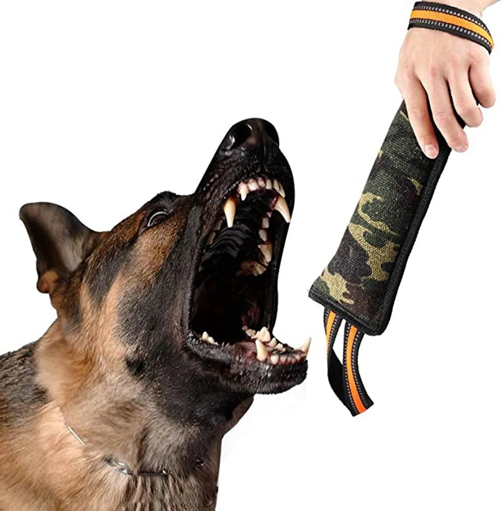 A long, yellow-edged jute dog bite stick with reflective material, measuring about 55cm in length.