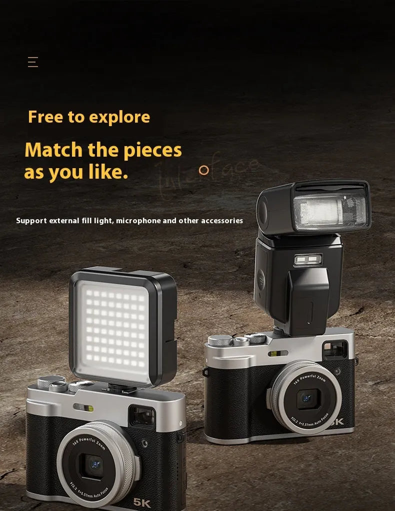 Black 5K digital camera with dual lenses and an optical viewfinder on a 2.88-inch screen.