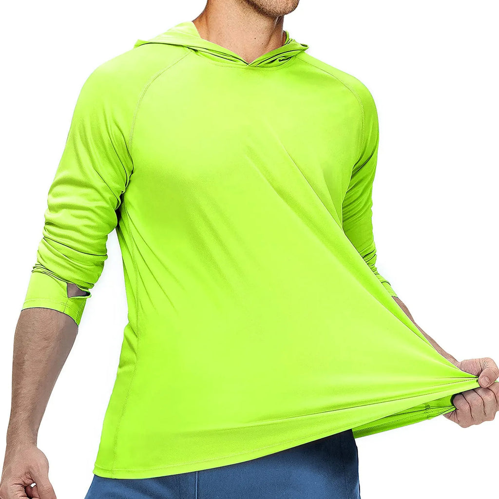 Man wearing a slim-fit hooded sun protection top in Army Green for outdoor fishing or cycling.