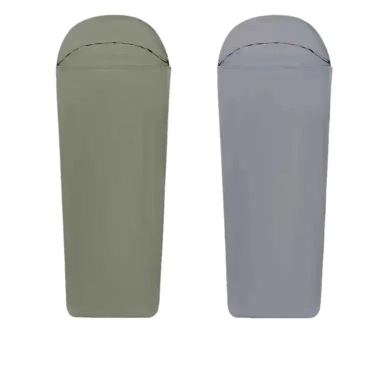 Blue lightweight nylon mummy sleeping bag for adult camping, shown with green colour option.