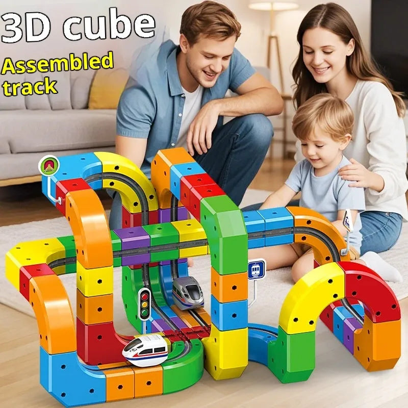 Small train track cube electric assembled building block toy set for children aged 4-6, non-magnetic plastic blocks, 51 piece option