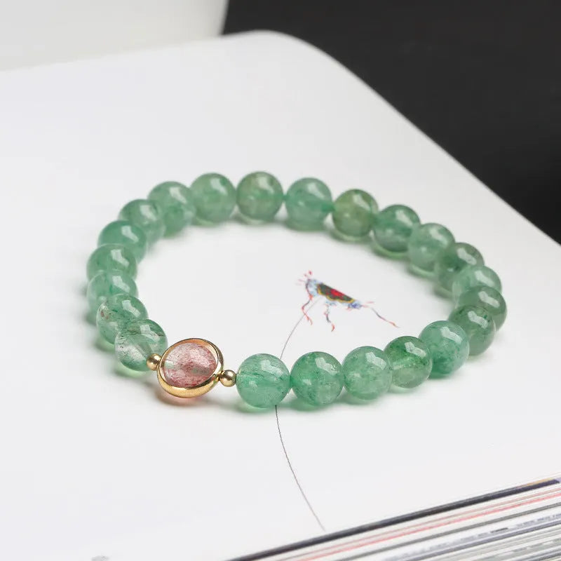Green strawberry quartz women's bracelet with 7.5mm spherical beads and Chinese auspicious patterns in hand-woven single circle design