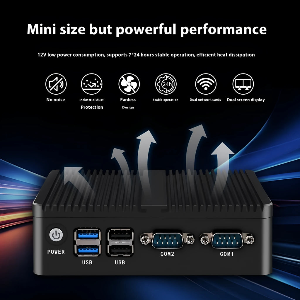 Industrial fanless mini host computer measuring 13.6x12.7x4cm with dual network ports