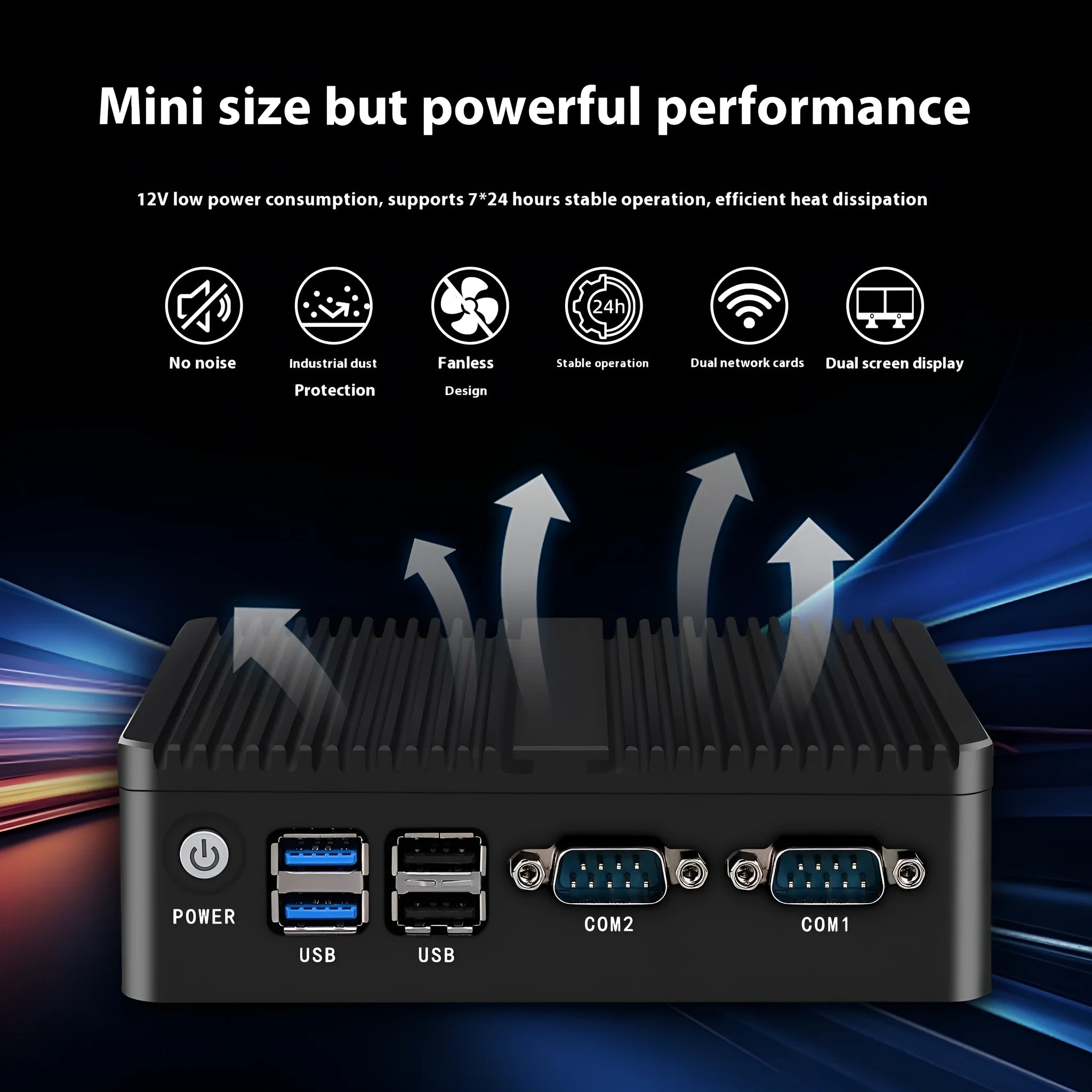 Industrial fanless mini host computer measuring 13.6x12.7x4cm with dual network ports
