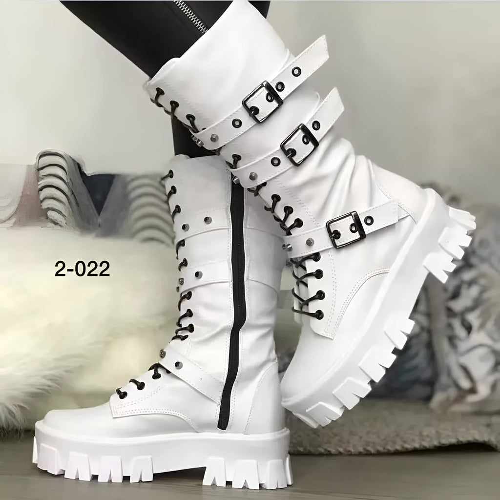 Women's black mid-calf boots with round toe, side zip, and adjustable metal buckle strap.