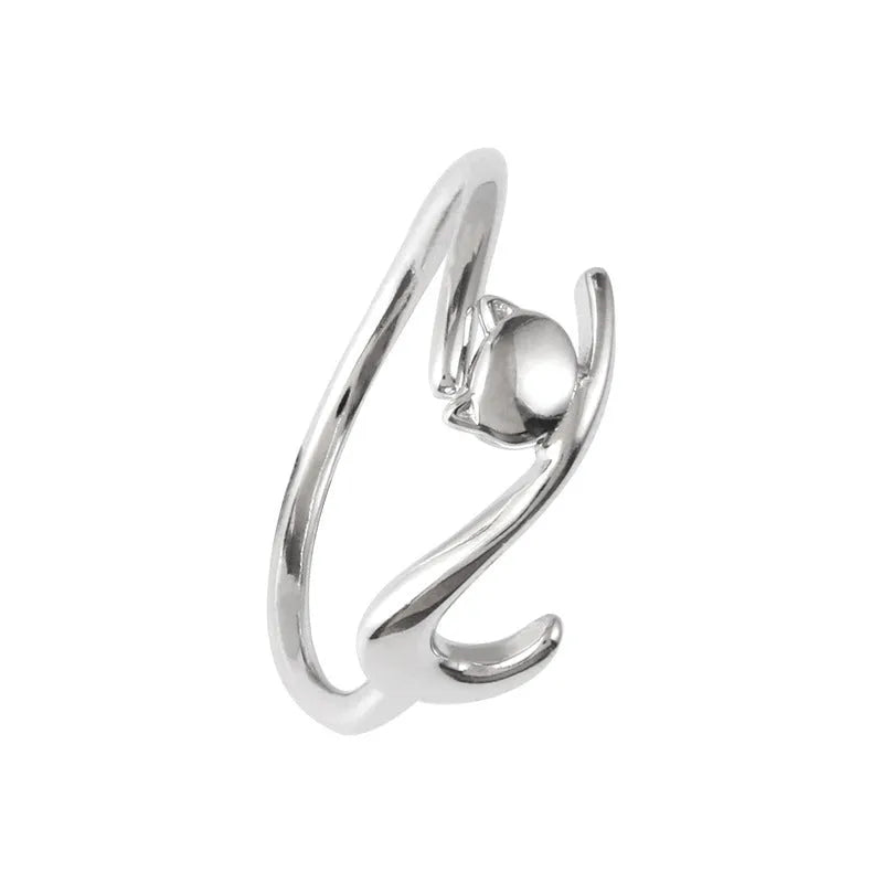 Lazy Cat open ring white gold colour adjustable brass ring with cat motif creative design for women